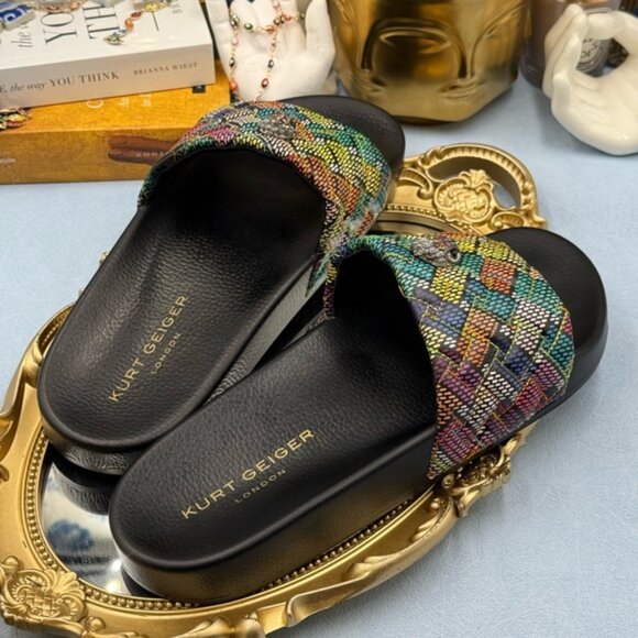 🆕 KURT GEIGER LONDON 🧿 NWOB Meena Eagle Slide, Black Rainbow Weave, Sz 40 US 9 - Picture 11 of 14